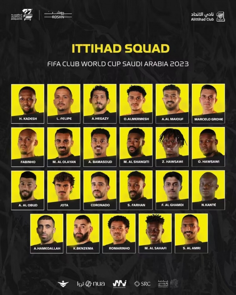 吉达联合世俱杯大名单：本泽马领衔 坎特、法比尼奥坐镇中场